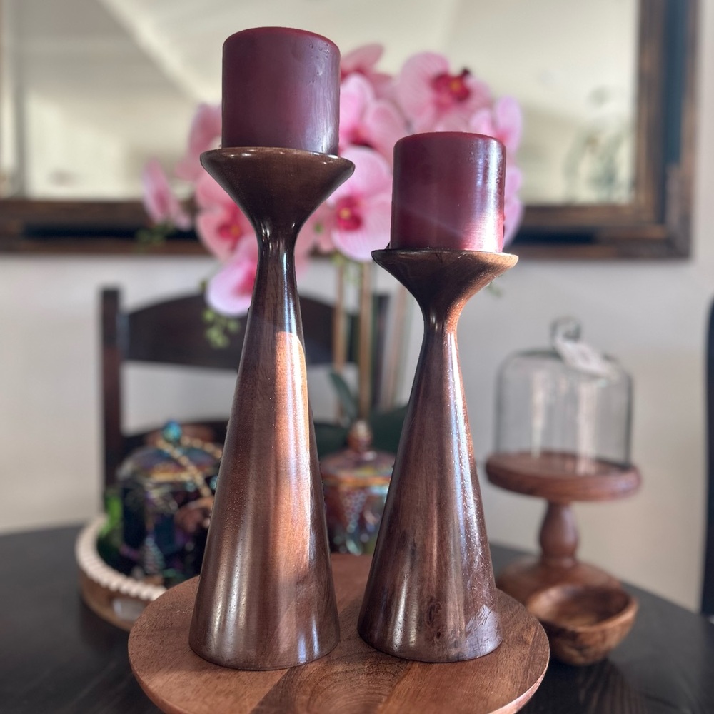 2 Mid Century Modern Style Solid Wood Candle Holders.